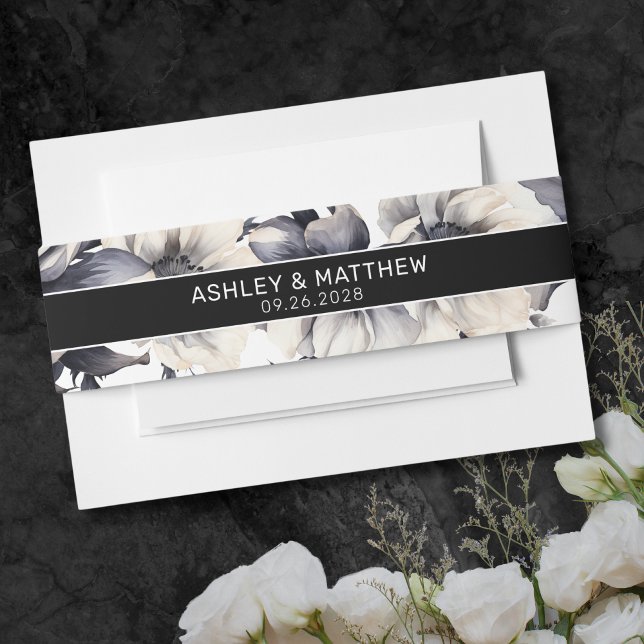 Cintas Para Invitaciones Moderno y elegante Boda floral negro (Modern Elegant Black Floral Wedding Invitation Belly Band)