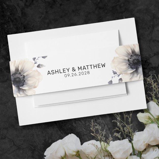 Cintas Para Invitaciones Moderno y simple Boda floral blanco negro elegante (Simple Modern Elegant Black White Floral Wedding Invitation Belly Band)