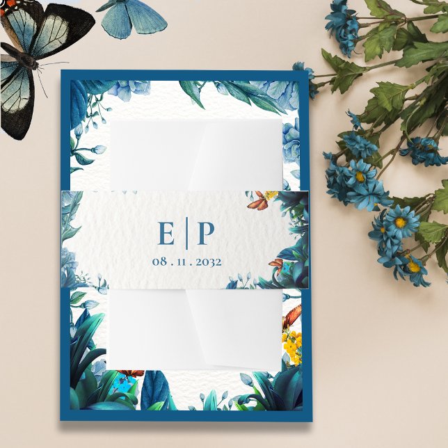 Cintas Para Invitaciones Monogram Blue Green Botanical Butterfly Wedding (Monogram Blue Green Botanical Butterfly Wedding Invitation Belly Band)
