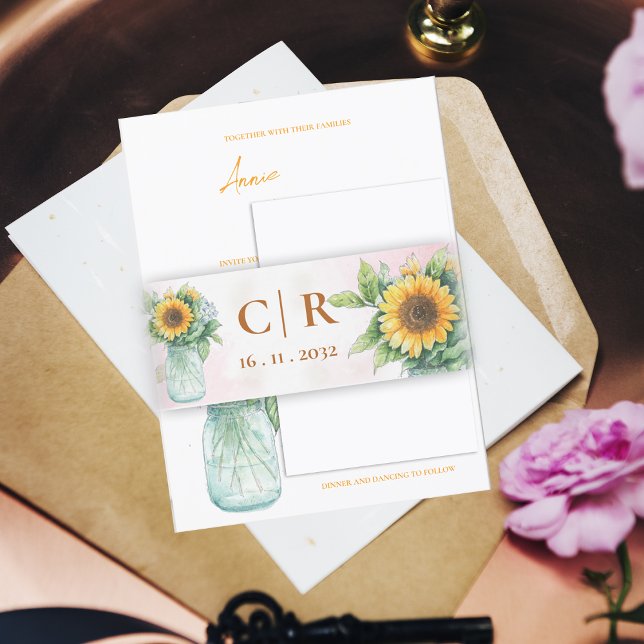 Cintas Para Invitaciones Monogram & Date  Sunflower Mason Jar Wedding    (Monogram & Date Sunflower Mason Jar Wedding Invitation Belly Band)