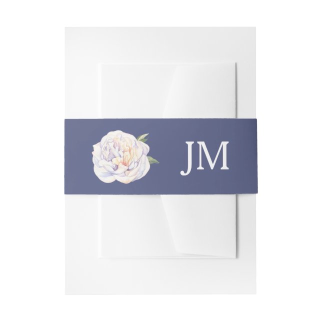 Cintas Para Invitaciones Monograma blanco Boda azul floral (Anverso Ejemplo)