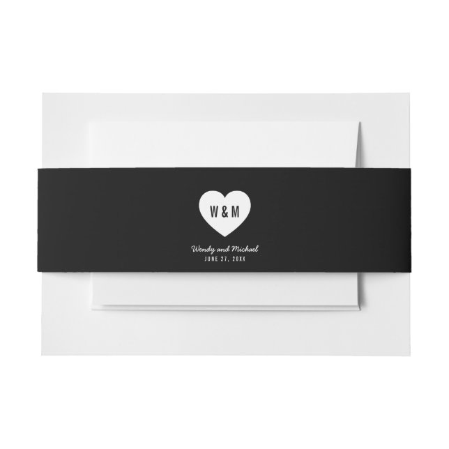 Cintas Para Invitaciones Monograma blanco y negro Boda del corazón (Anverso Ejemplo)