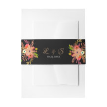 Monograma de boda negro con flores acuarelas brill