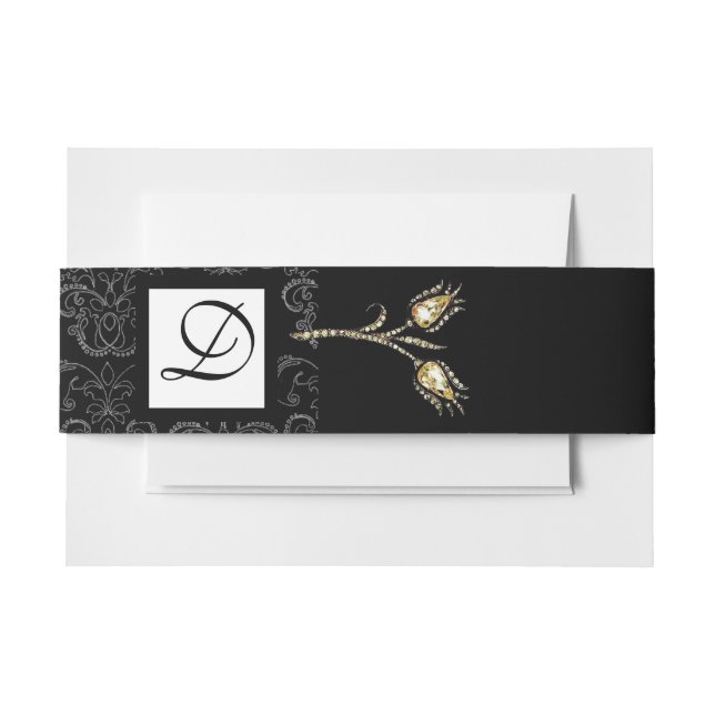 Cintas Para Invitaciones Monograma de DIAMOND TULIPS Black White Damask Squ (Anverso Ejemplo)