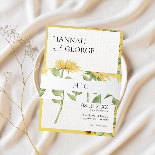 Cintas Para Invitaciones Monograma de girasol Boda de barra moderna (sunflower belly band)