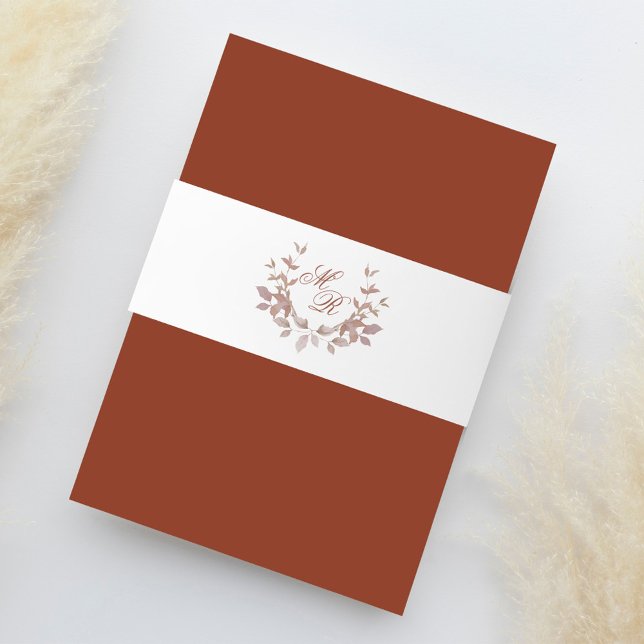Cintas Para Invitaciones Monograma de la boda elegante de Borgoña (Elegant burgundy wedding invitation belly band, with laurel leaf motif and monogram. )
