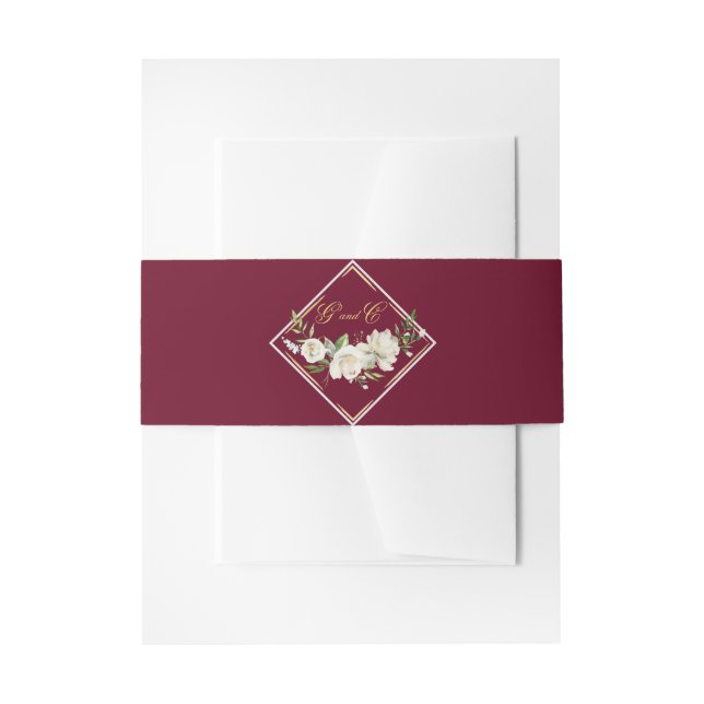 Cintas Para Invitaciones Monograma elegante Boho Burgundy Floral Gold Boda (Anverso Ejemplo)