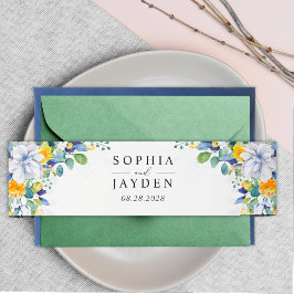 Cintas Para Invitaciones Monograma elegante de boda azul blanco amarillo fl
