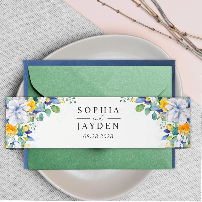 Cintas Para Invitaciones Monograma elegante de boda azul blanco amarillo fl (Subido por el creador)
