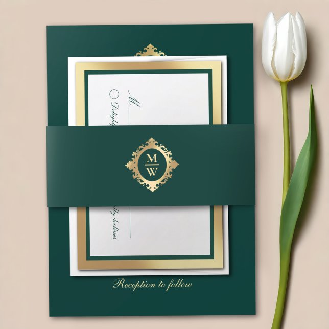 Cintas Para Invitaciones Monograma elegante de Boda de oro verde esmeralda (Subido por el creador)