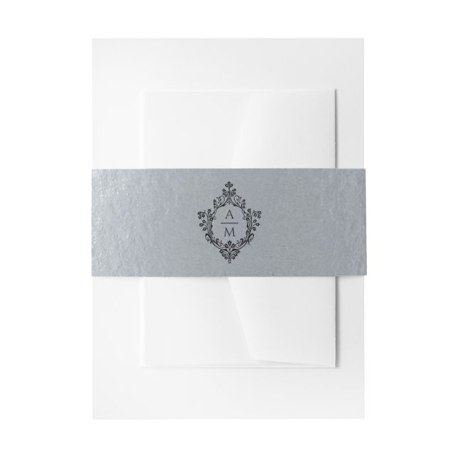 Cintas Para Invitaciones Monograma elegante de Escudo negro falso plateado (Anverso Ejemplo)