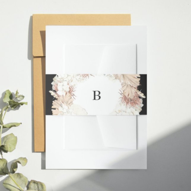 Cintas Para Invitaciones Monograma elegante elegante Pampas Wreath Onyx Bla (Subido por el creador)