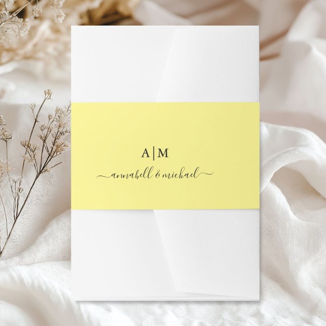 Cintas Para Invitaciones Monograma, escritura a mano, amarillo elegante (Personlaized, Monogram, Handwriting, Elegant Yellow Invitation Belly Band)