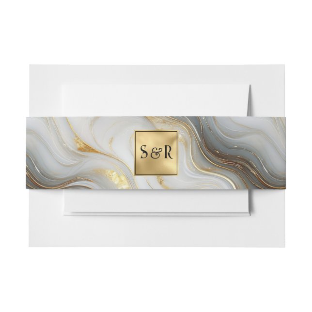 Cintas Para Invitaciones Monograma Faux Gold, Gray & White Marble Boda (Anverso Ejemplo)