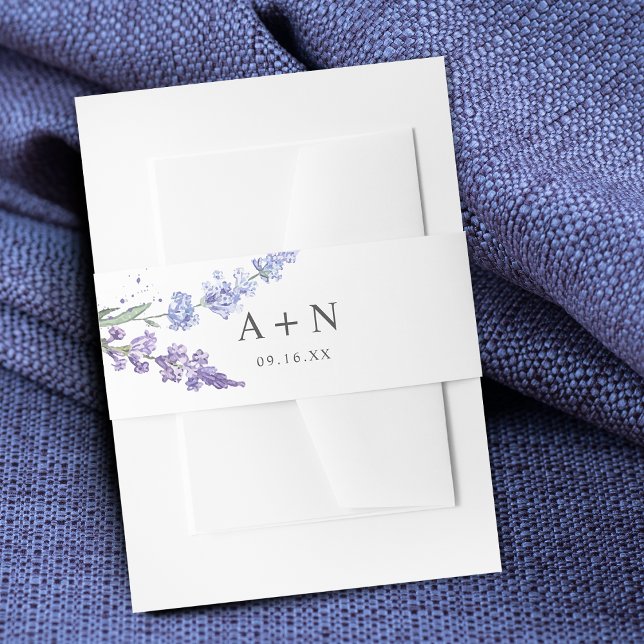 Cintas Para Invitaciones Monograma floral acuarela lavanda romántica (Romantic Lavender Watercolor Floral Monogram Invitation Belly Band)