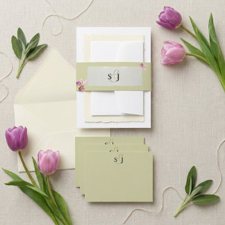 Cintas Para Invitaciones Monograma floral minimalista y chic en verde salvi