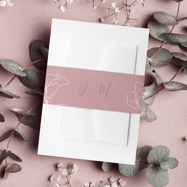 Cintas Para Invitaciones Monograma Floral Rosa (Elegant blush pink and mauve outline floral monogram wedding belly band. )