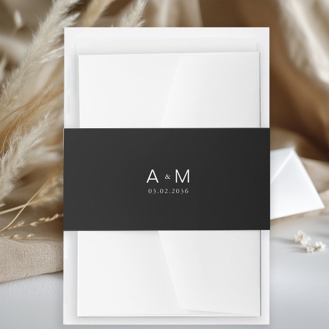 Cintas Para Invitaciones Monograma mínimo negro (Minimal Monogram Black and White Invitation Belly Band with your monogram and date.)
