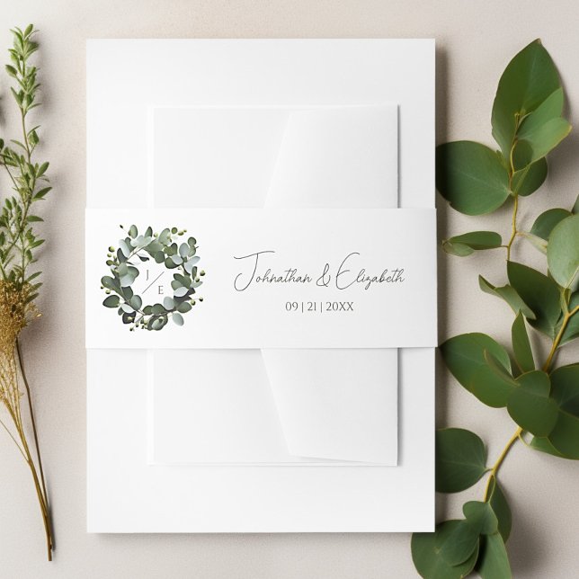 Cintas Para Invitaciones Monograma moderno Eucalyptus Wreath Boda | Blanca (White Modern Monogram Eucalyptus Wreath Wedding Invitation Belly Band)