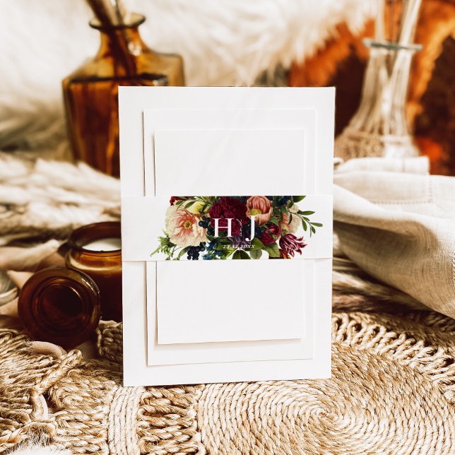 Cintas Para Invitaciones Monograma Moody Burgundy jewel Boda floral (Subido por el creador)