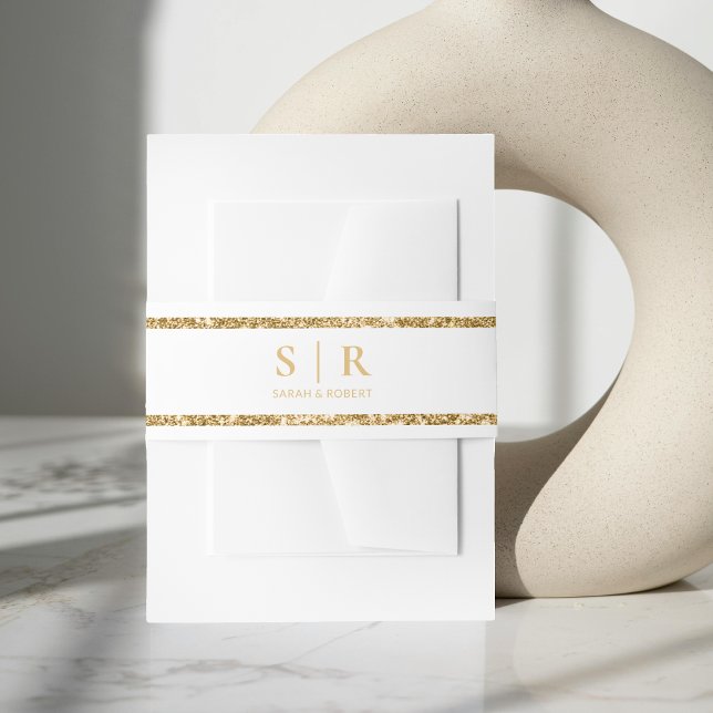 Cintas Para Invitaciones Monograma Purpurina blanco y dorado Boda inicial (White & Gold Glitter Monogram Initial Wedding Invitation Belly Band)