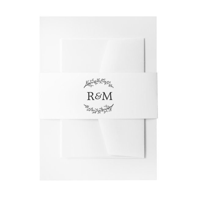 Cintas Para Invitaciones Monograma Ramas de Oliva Blancas Boda Negro (Anverso Ejemplo)