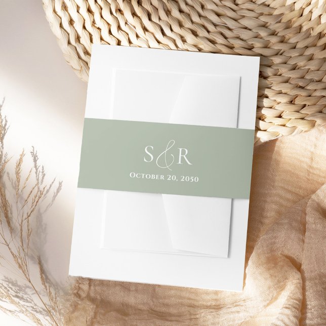 Cintas Para Invitaciones Monograma Simple de Boda Verde Elegante (Elegant sage green monogram invitation belly band. )