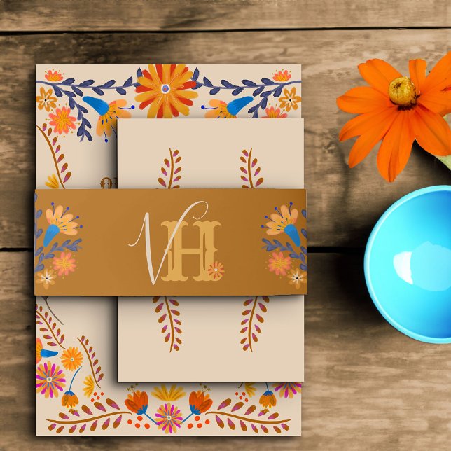 Cintas Para Invitaciones Monogramado Earthy Boho Floral Mexicana (Monogrammed Invitation Belly Bands western boho mexican floral design)