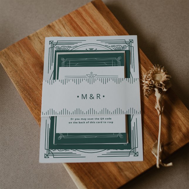 Cintas Para Invitaciones Monogramas Moderno Deco Light Plata Blanco y Verde (An elegant green and light silver white art deco style belly band for your holiday wedding)