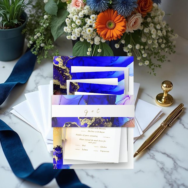 Cintas Para Invitaciones Monogramed Sapphire Blue Naranja Boda (Monogrammed Sapphire Blue Orange Wedding Invitation Belly Band.)