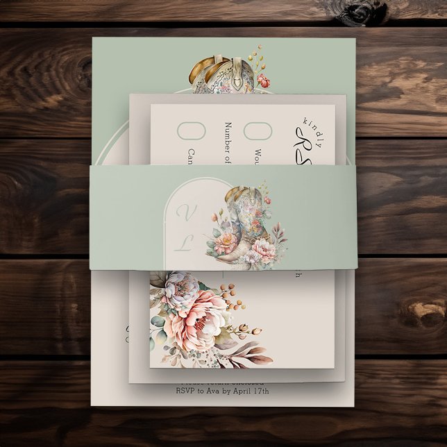 Cintas Para Invitaciones Monogramo Arch Sage Green Floral Cowgirl Boots (Monogrammed belly bands from my Boho Floral Cowgirl Boots Quinceanera Collection)