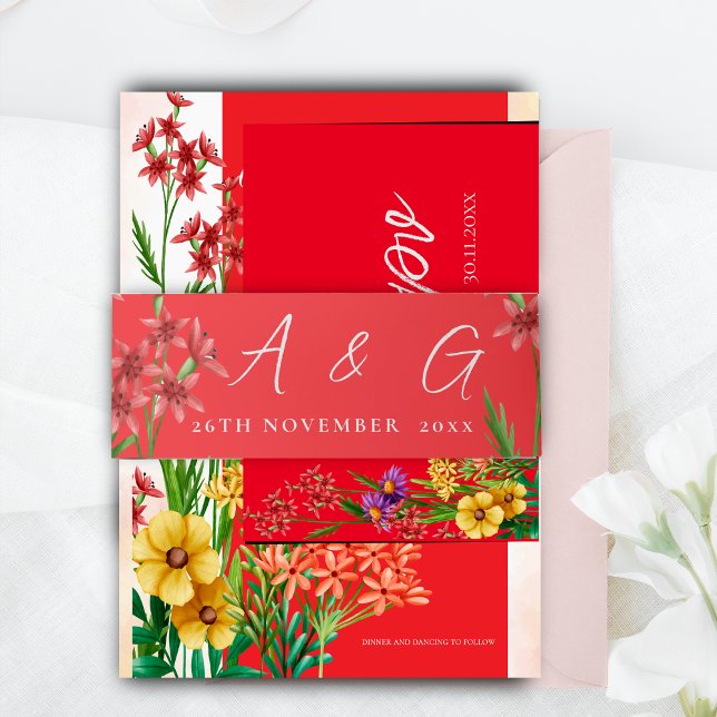Cintas Para Invitaciones Naranja bonito Wildflowers Monograma Boda de guion (Pretty Orange Wildflowers Monogram Script Wedding Invitation Belly Band)