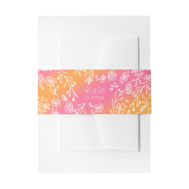 Cintas Para Invitaciones Naranja rosa Monograma botánico Boda de fecha (Anverso Ejemplo)