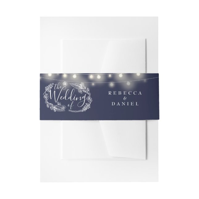 Cintas Para Invitaciones Navy Blue String ilumina a Boda floral (Anverso Ejemplo)