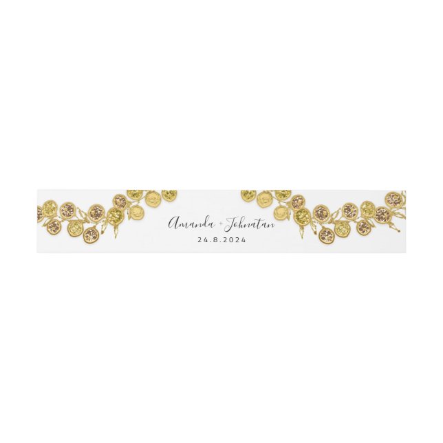 Cintas Para Invitaciones Nombre Fecha Boda Wreath Gold White (Superficie plana)