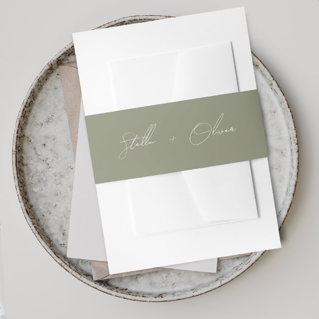 Cintas Para Invitaciones Nombres de boda con letra cursiva elegante verde s (Elegant Sage Green Script Names Wedding Invitation Belly Band)