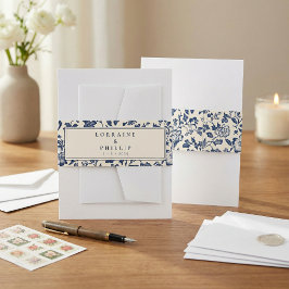 Cintas Para Invitaciones Nombres de boda florales vintage de azul marino el