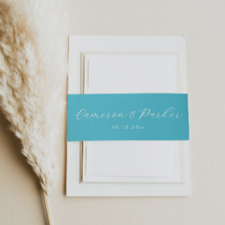 Cintas Para Invitaciones Nombres en azul acuático y fecha de boda