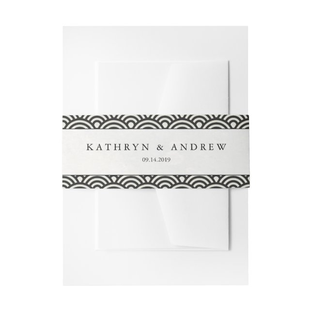 Cintas Para Invitaciones Olas Seigaiha japonesas elegantes negras + blancas (Anverso Ejemplo)