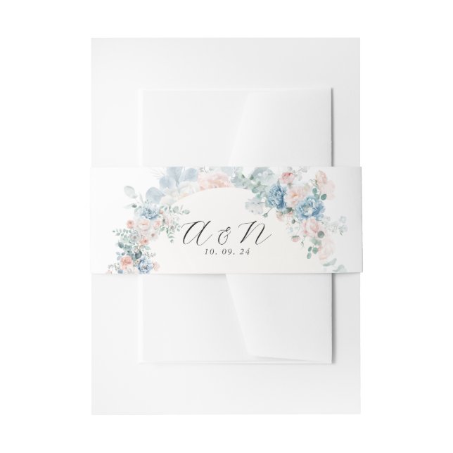 Cintas Para Invitaciones Pastel Floral Dusty Blue Peach Monograma (Anverso Ejemplo)