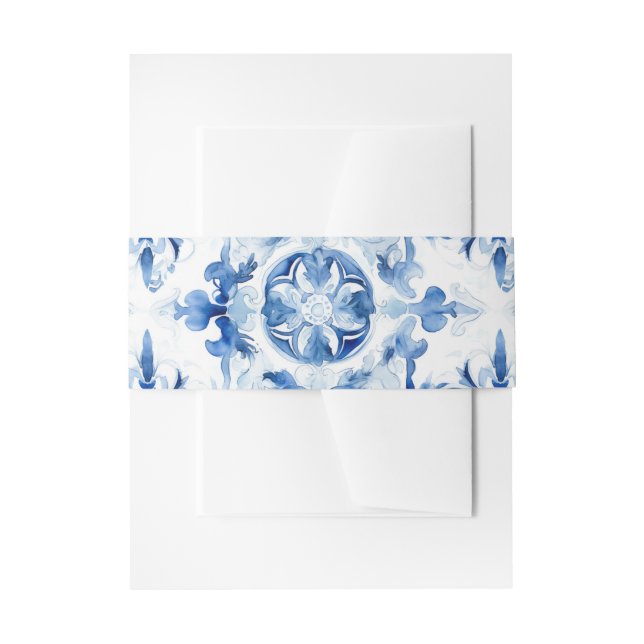 Cintas Para Invitaciones Patrón de baldosas de acuarela azul y blanco itali (Anverso Ejemplo)