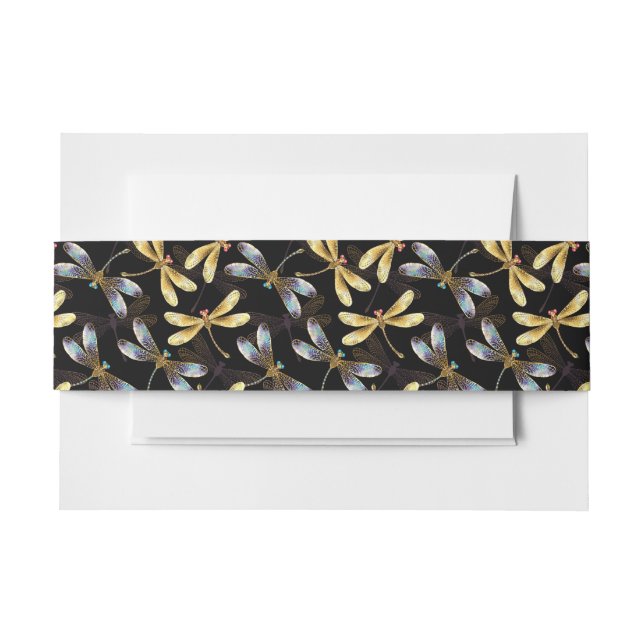 Cintas Para Invitaciones Patrón sin foco con Dragonflies dorados (Anverso Ejemplo)