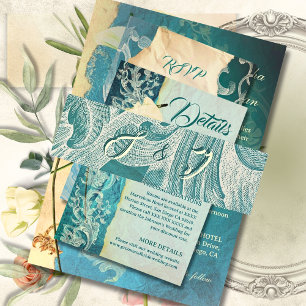 Cintas Para Invitaciones Pergamino Rococó Turquesa con Monograma Elegante