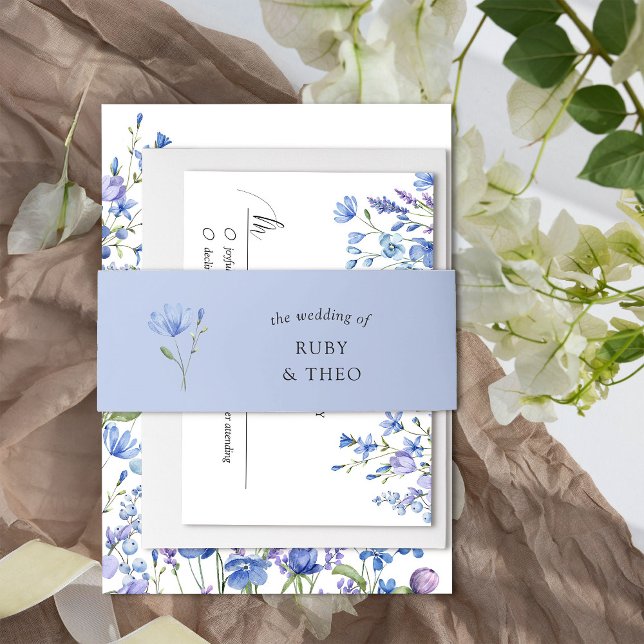 Cintas Para Invitaciones Periwinkle Lilac Boda de la flor silvestre (Wedding invitation belly band from my Lilac + Periwinkle Wildflower Wedding Collection)