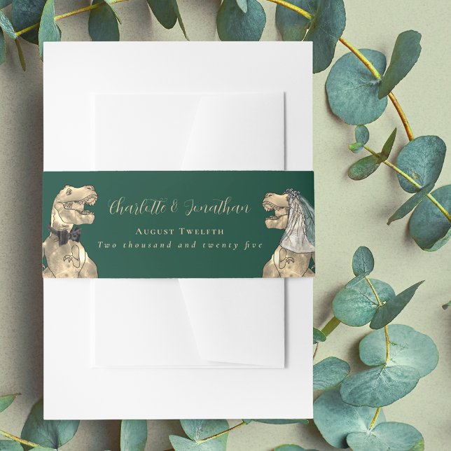 Cintas Para Invitaciones Personalizado del tema de los dinosaurios (Dinosaur wedding dark green invitation custom belly bands T-Rex dino bride and groom elegant script)