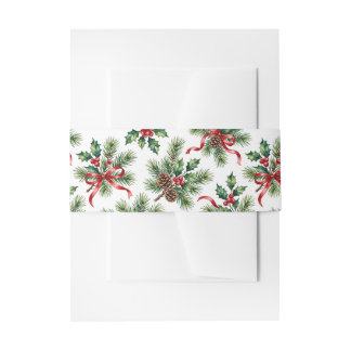 Cintas Para Invitaciones Pino de Navidad en acuarela y cinta de acebo