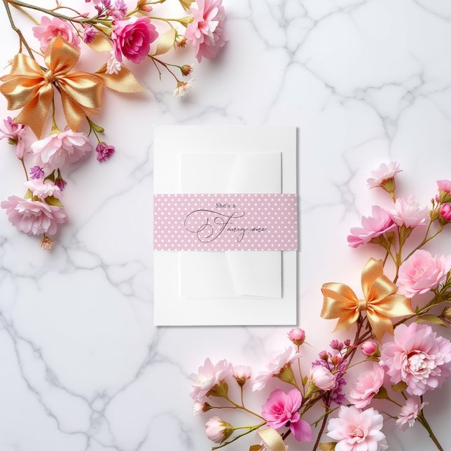 Cintas Para Invitaciones Primer cumpleaños de Punto de Polka Rosado "Ella e ("She's a Fancy One" Pink Polka Dot 1st Birthday Invitation Belly Band)