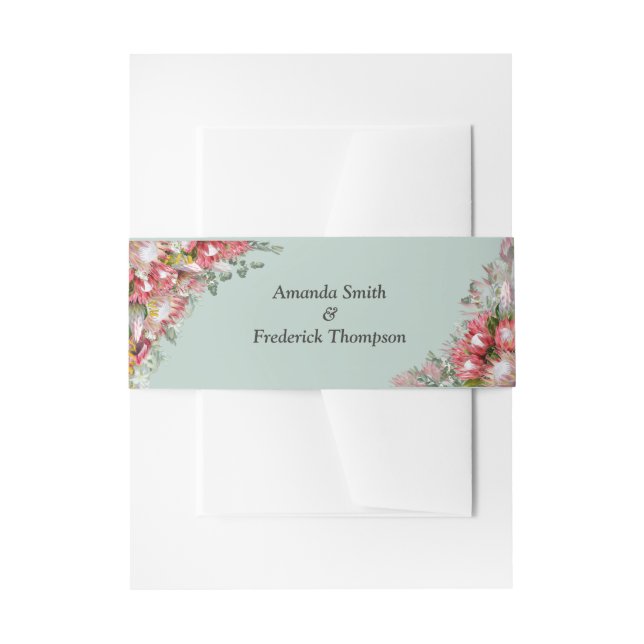 Cintas Para Invitaciones Protea de Fuchsia con banda de sobres verde y dora (Anverso Ejemplo)