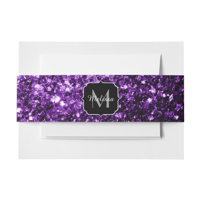 Cintas Para Invitaciones Purpurina brillante oscuro morado chispas Monogram (Anverso Ejemplo)