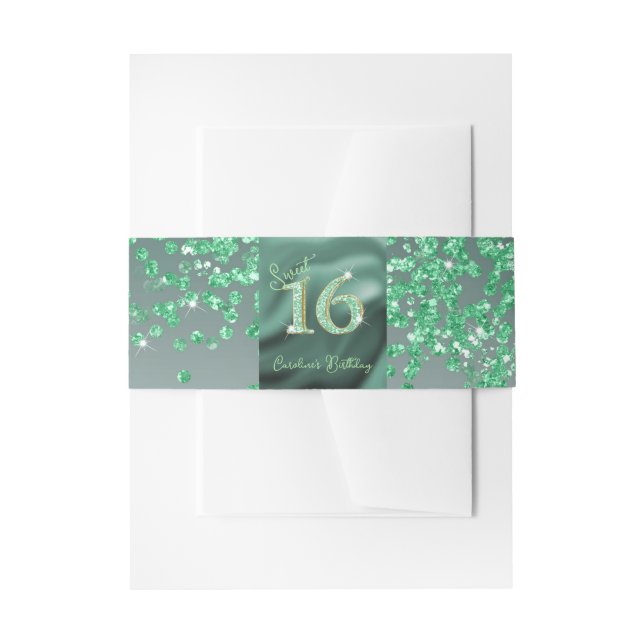 Cintas Para Invitaciones Purpurina verde caído dulce 16, Relieve metalizado (Anverso Ejemplo)